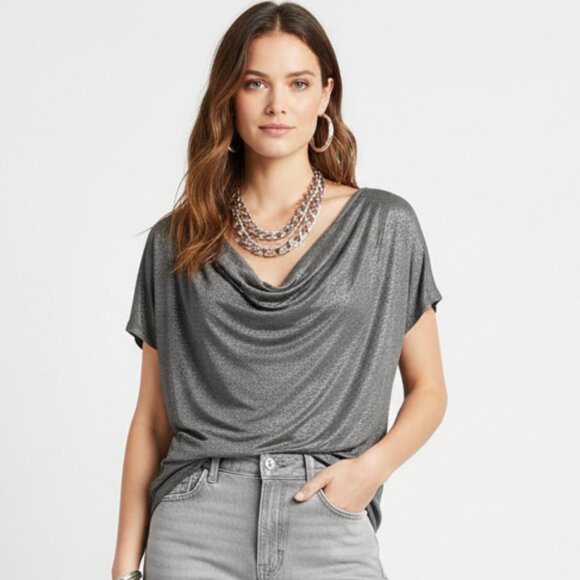 Escada Gray Metallic Short Sleeve Zip Sleeve Tunic Blouse Top 34 S - Picture 1 of 8